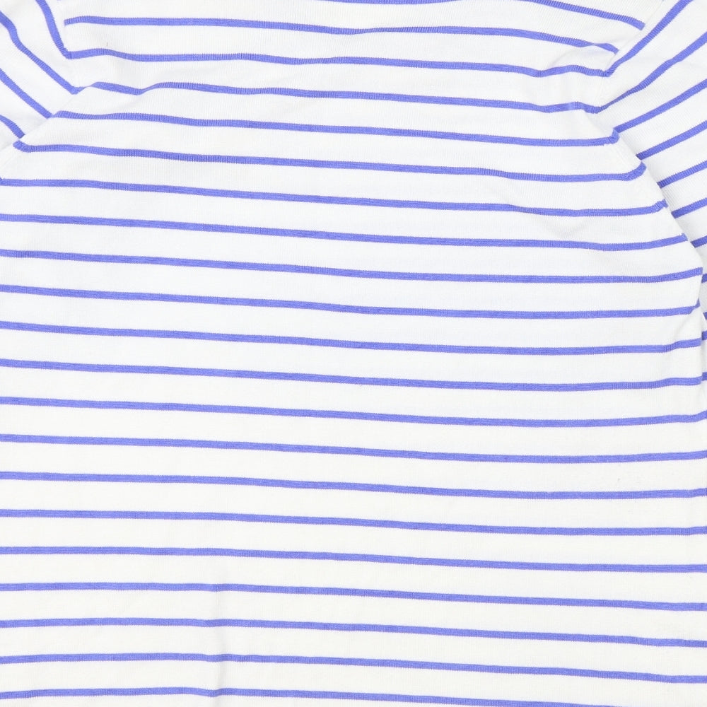 TEXT Womens Blue Round Neck Striped Viscose Pullover Jumper Size L - Flower Detail