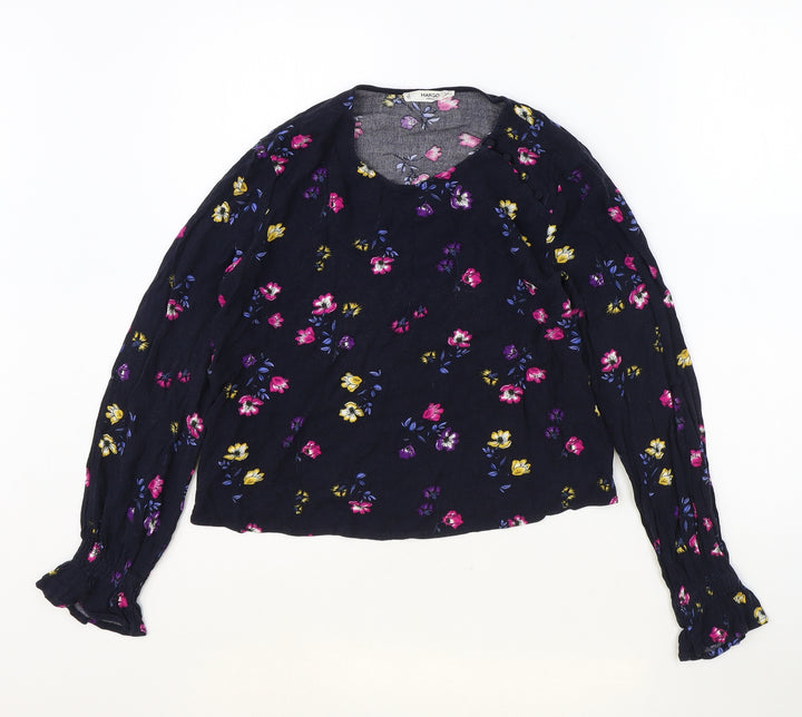 Mango Womens Blue Floral Viscose Basic Blouse Size S Scoop Neck