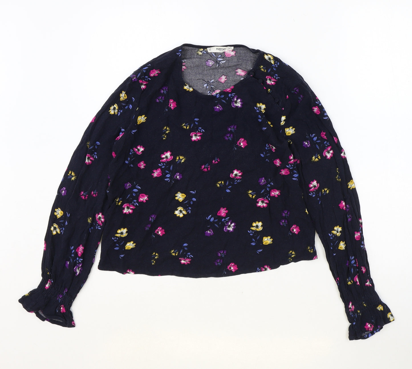 Mango Womens Blue Floral Viscose Basic Blouse Size S Scoop Neck