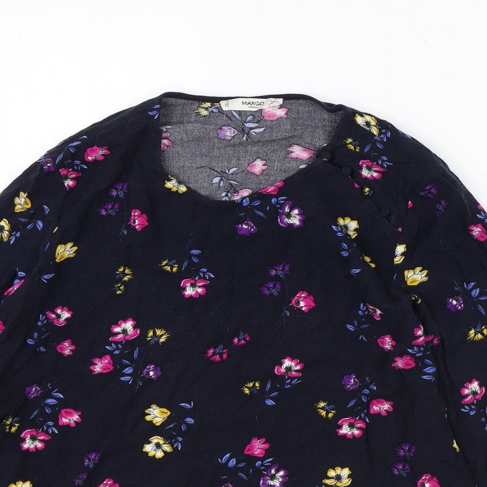 Mango Womens Blue Floral Viscose Basic Blouse Size S Scoop Neck
