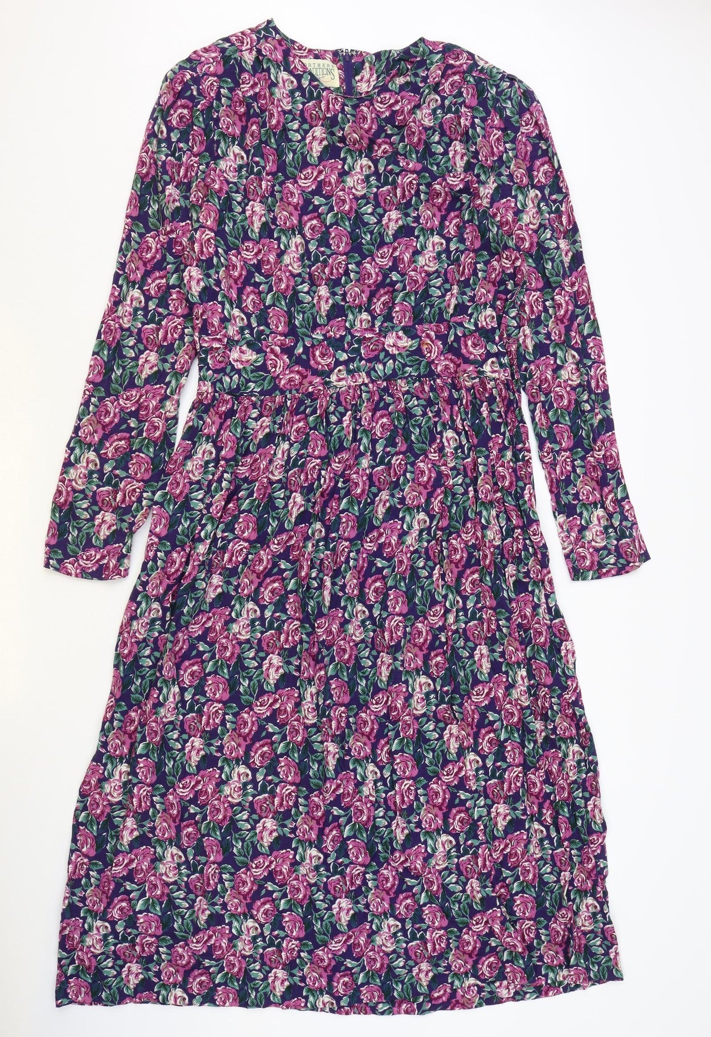 Northern Traditions Womens Purple Floral Rayon A-Line Size 12 Boat Neck Zip