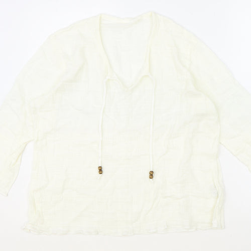Preworn Womens Ivory 100% Cotton Basic Blouse Size L V-Neck - Tie Neck Detail