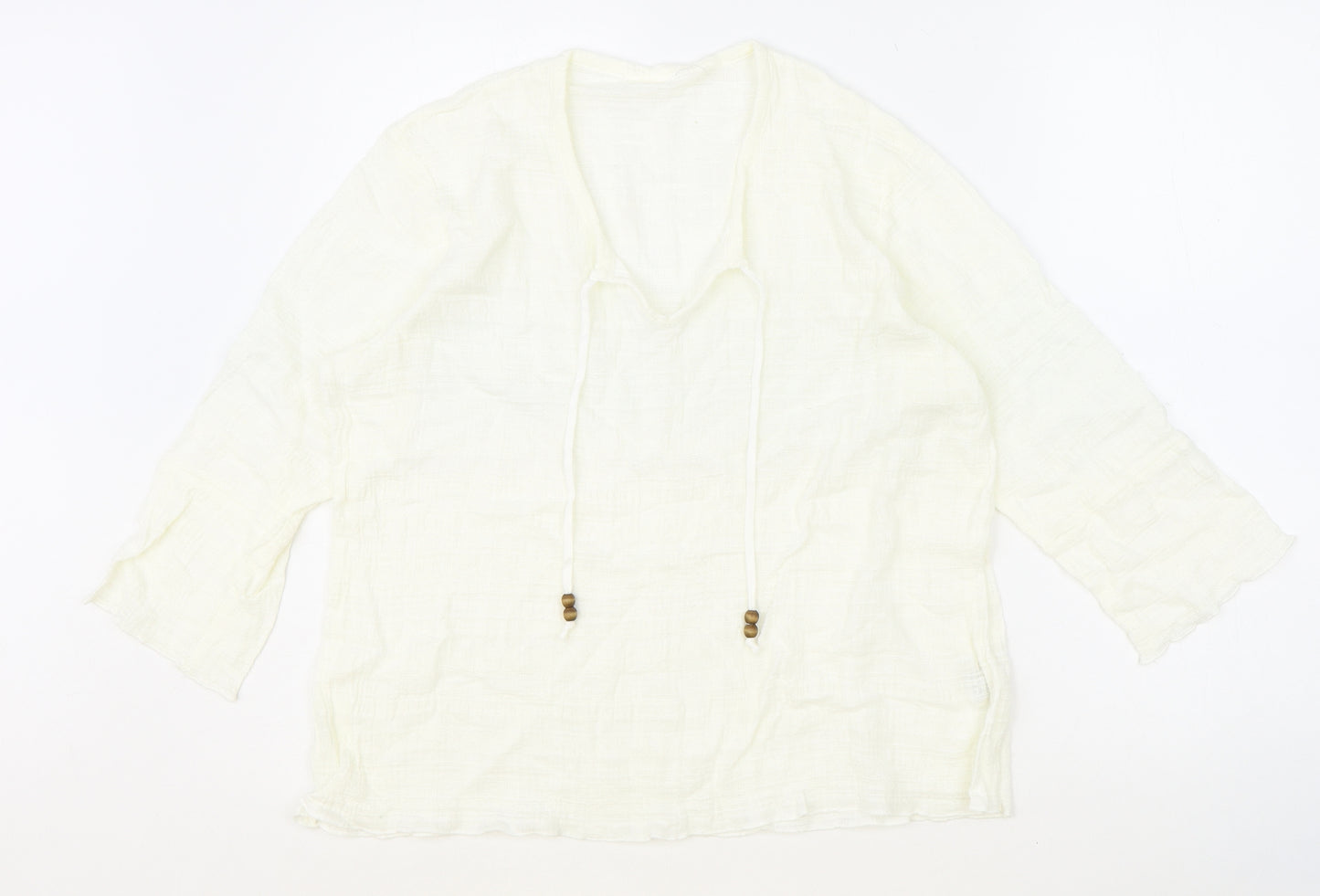 Preworn Womens Ivory 100% Cotton Basic Blouse Size L V-Neck - Tie Neck Detail