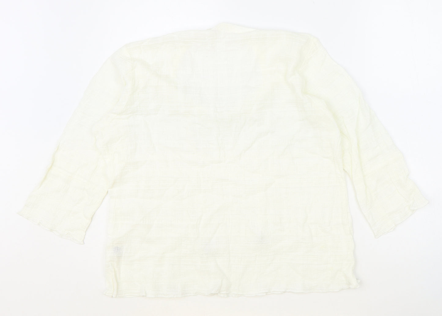 Preworn Womens Ivory 100% Cotton Basic Blouse Size L V-Neck - Tie Neck Detail