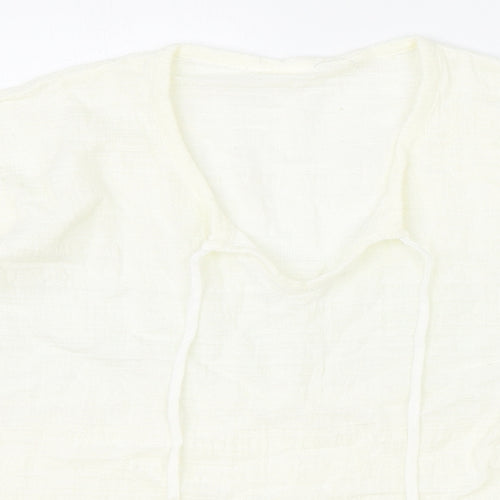 Preworn Womens Ivory 100% Cotton Basic Blouse Size L V-Neck - Tie Neck Detail