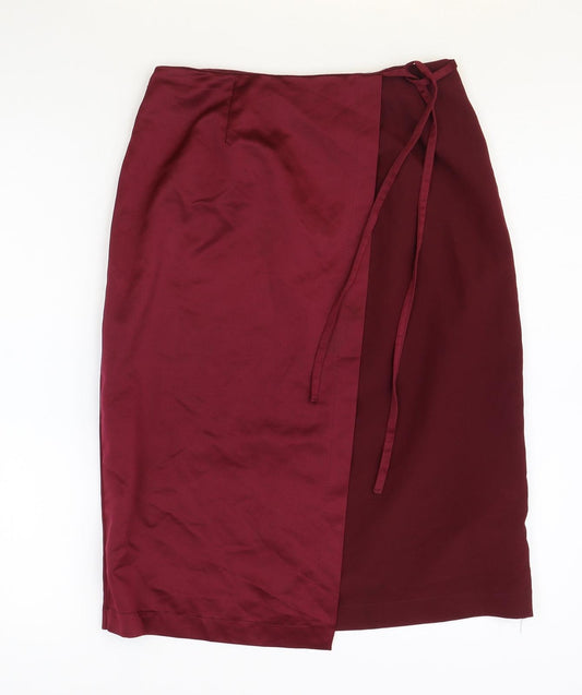 Front view of New Look women’s red polyester wrap skirt, size UK 8, zip