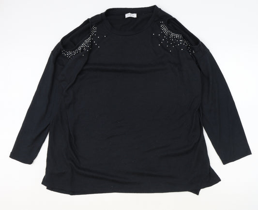 Front view of Papaya women’s black polyester basic blouse, size XL, scoop neck - cold shoulder detail