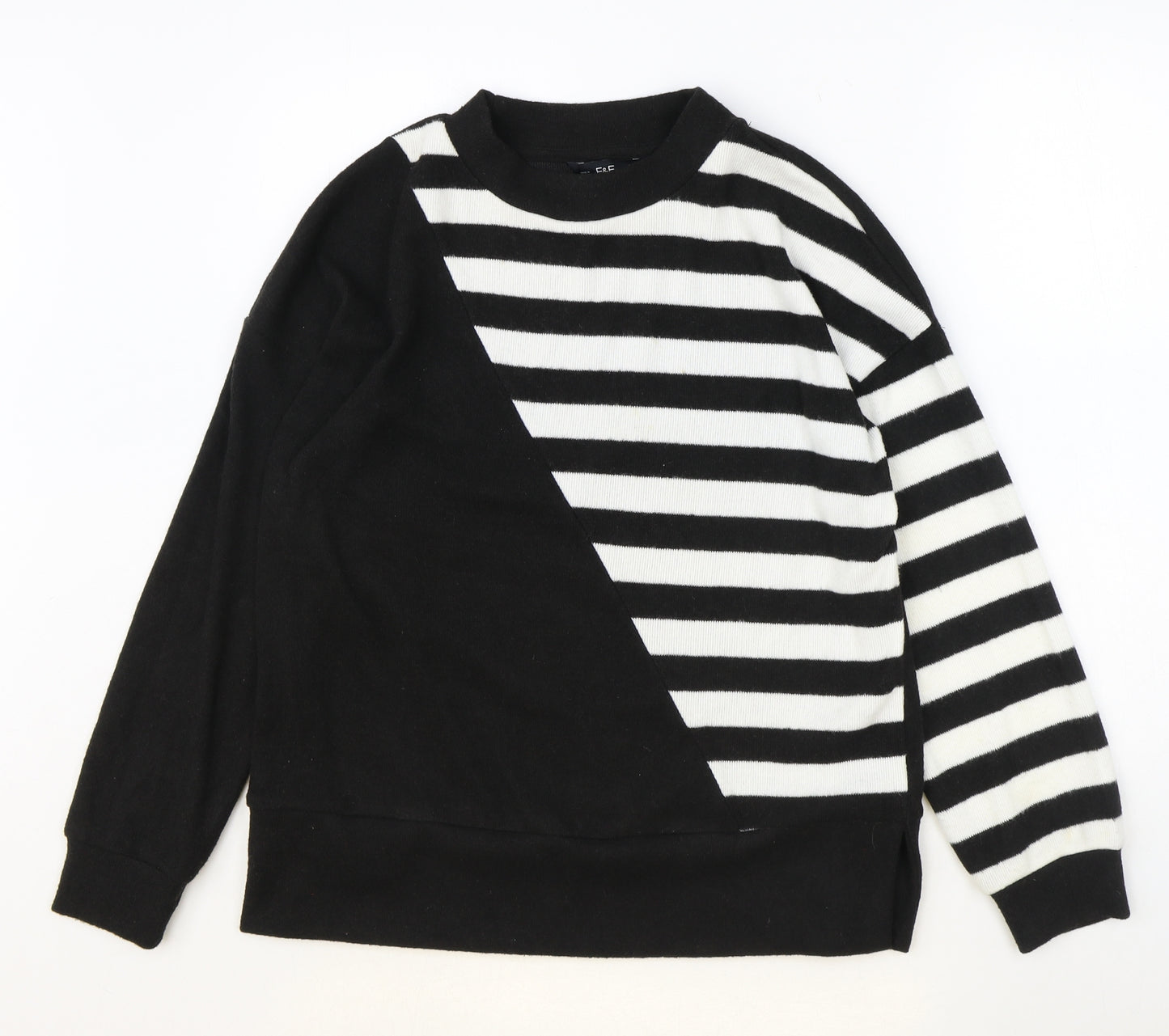F&F Womens Black Round Neck Striped Polyester Pullover Jumper Size S