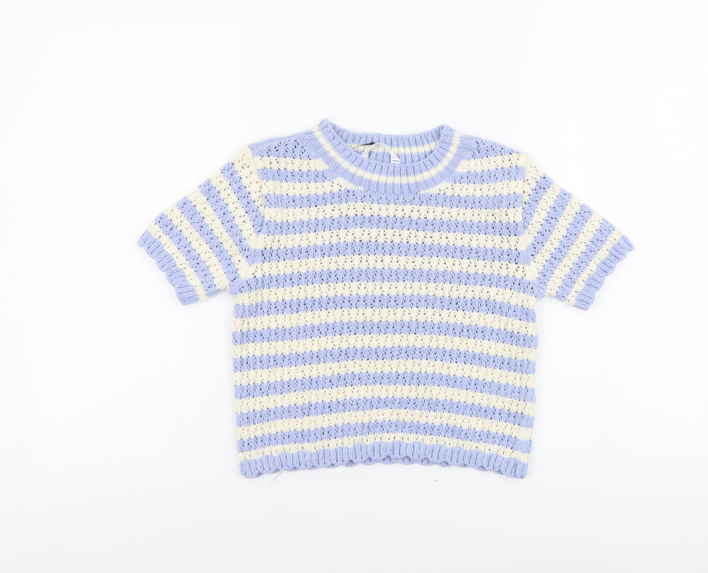 Marks and Spencer Girls Blue Round Neck Striped Cotton Pullover Jumper Size 11-12 Years Pullover