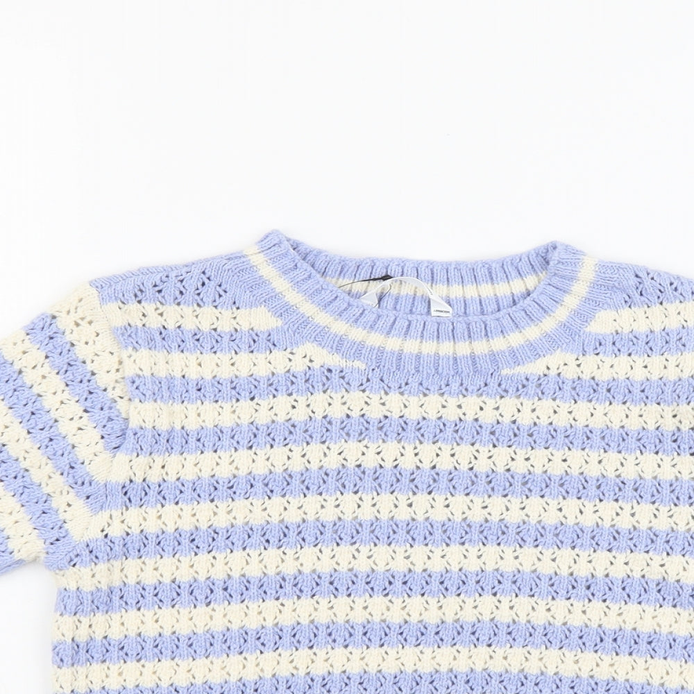 Marks and Spencer Girls Blue Round Neck Striped Cotton Pullover Jumper Size 11-12 Years Pullover
