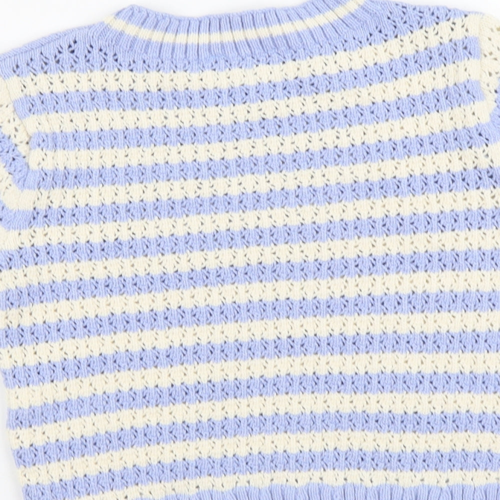 Marks and Spencer Girls Blue Round Neck Striped Cotton Pullover Jumper Size 11-12 Years Pullover