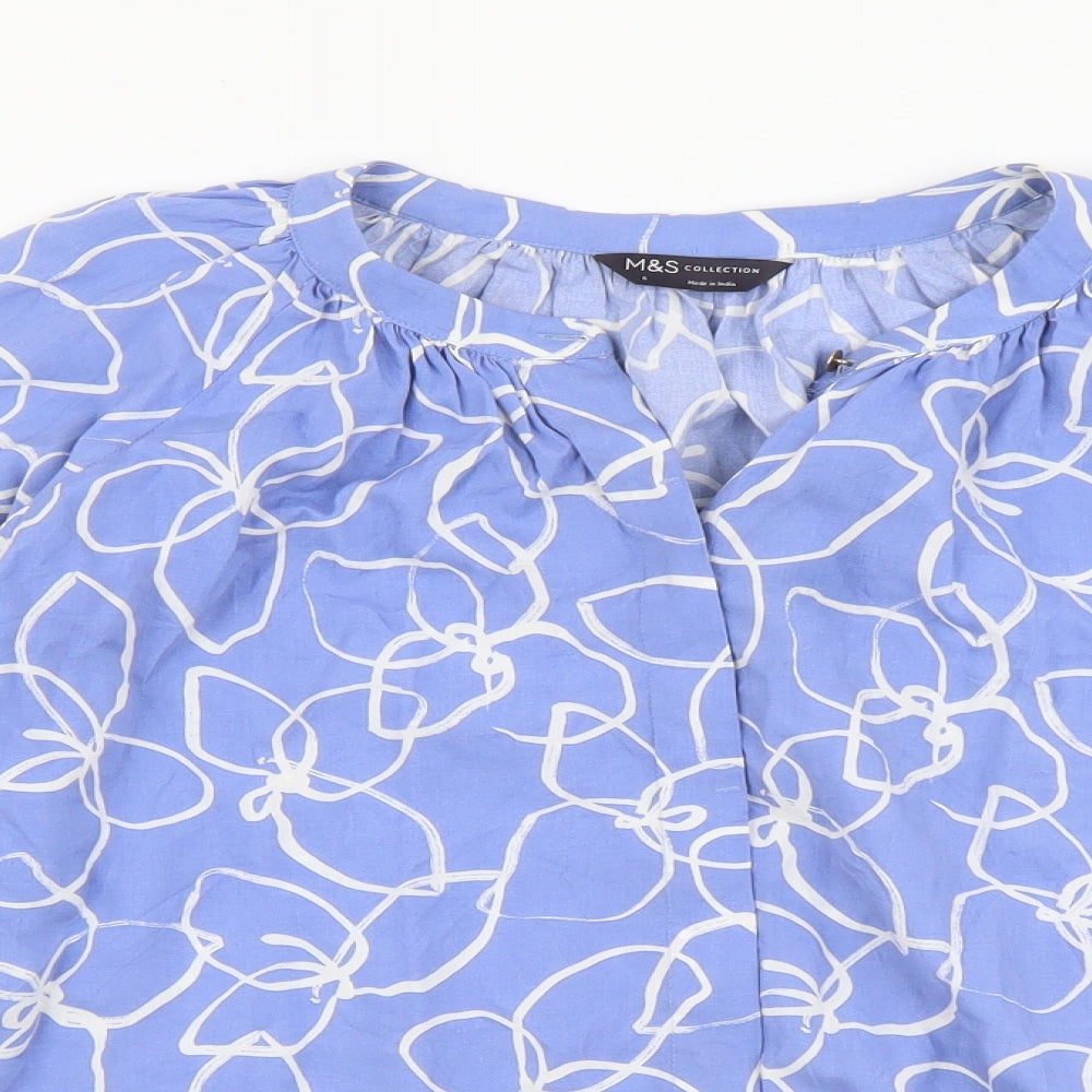 Marks and Spencer Womens Blue Geometric Viscose Basic Blouse Size 6 V-Neck