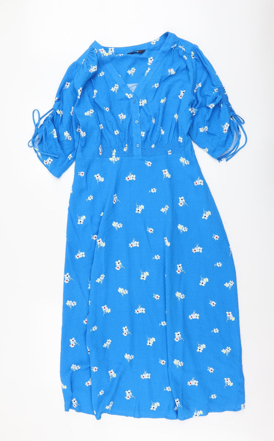Marks and Spencer Womens Blue Floral Viscose Fit & Flare Size 12 V-Neck Zip