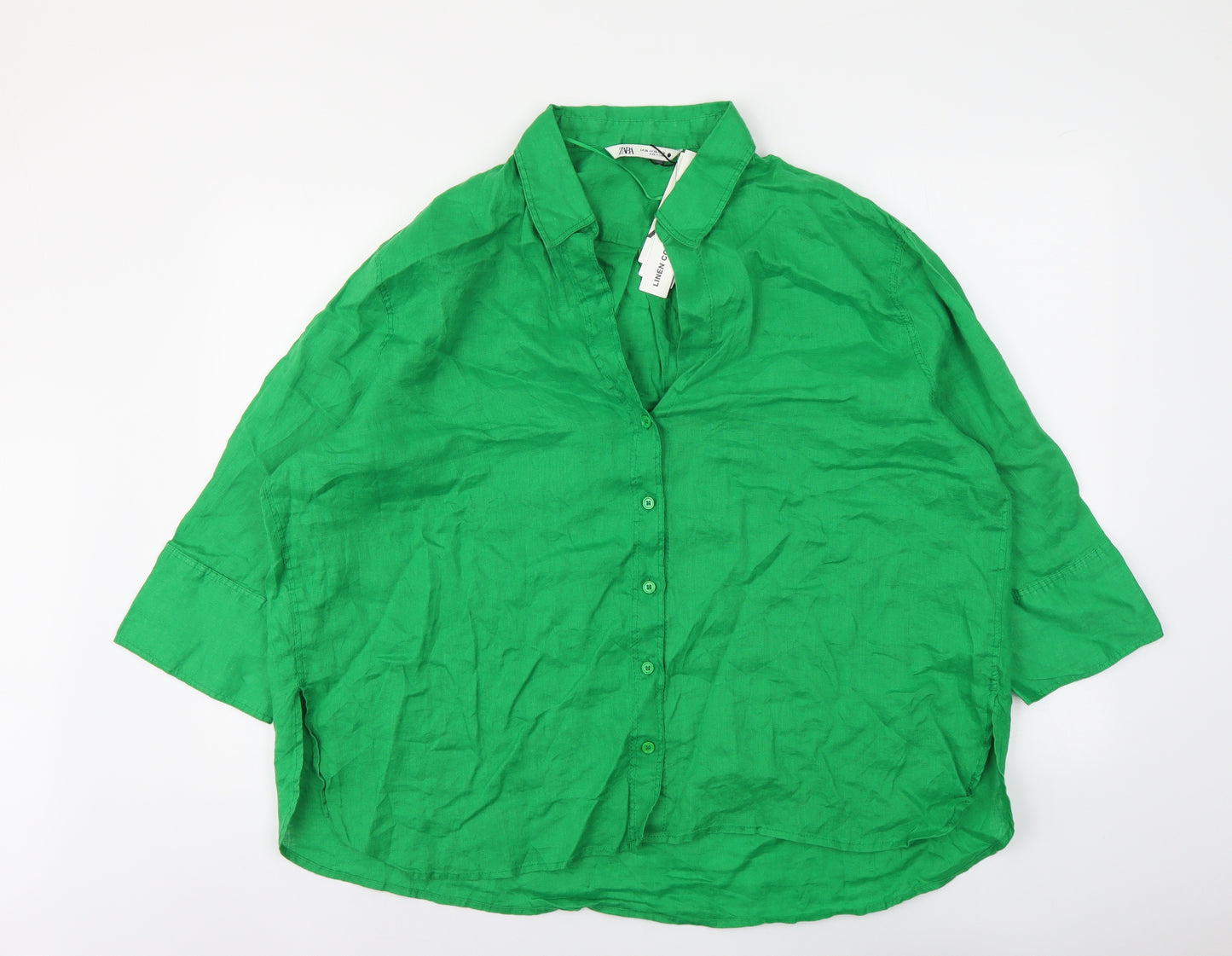 Zara Womens Green Linen Basic Button-Up Size 2XL V-Neck