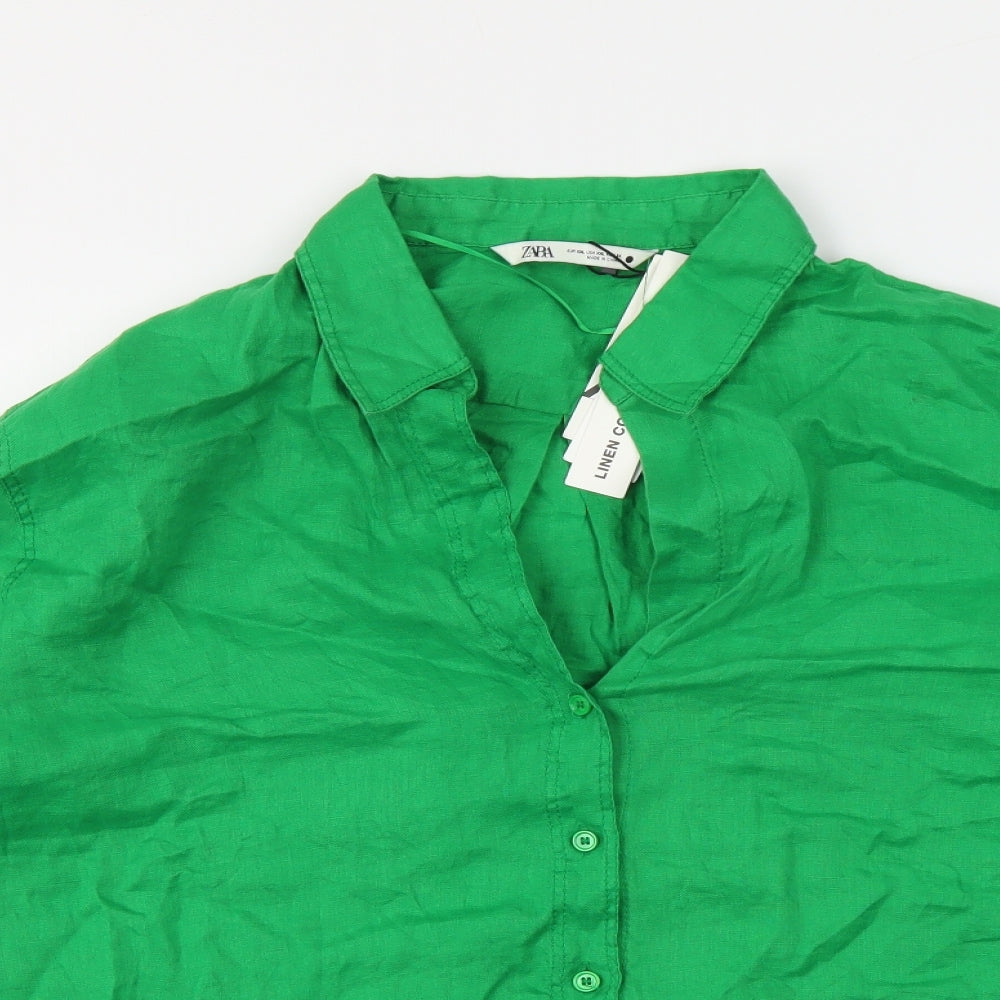 Zara Womens Green Linen Basic Button-Up Size 2XL V-Neck