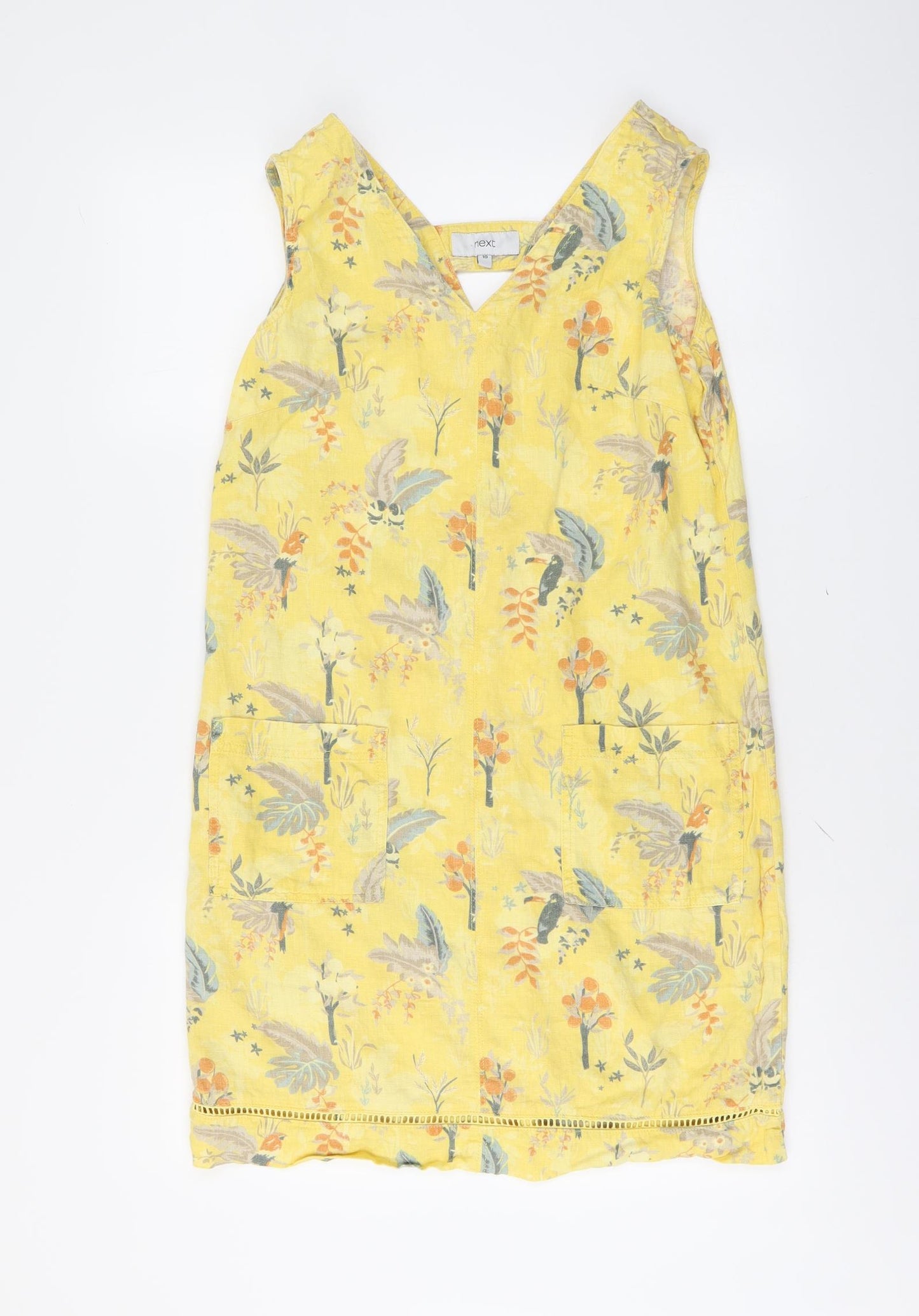 NEXT Womens Yellow Geometric Linen A-Line Size 10 V-Neck Pullover