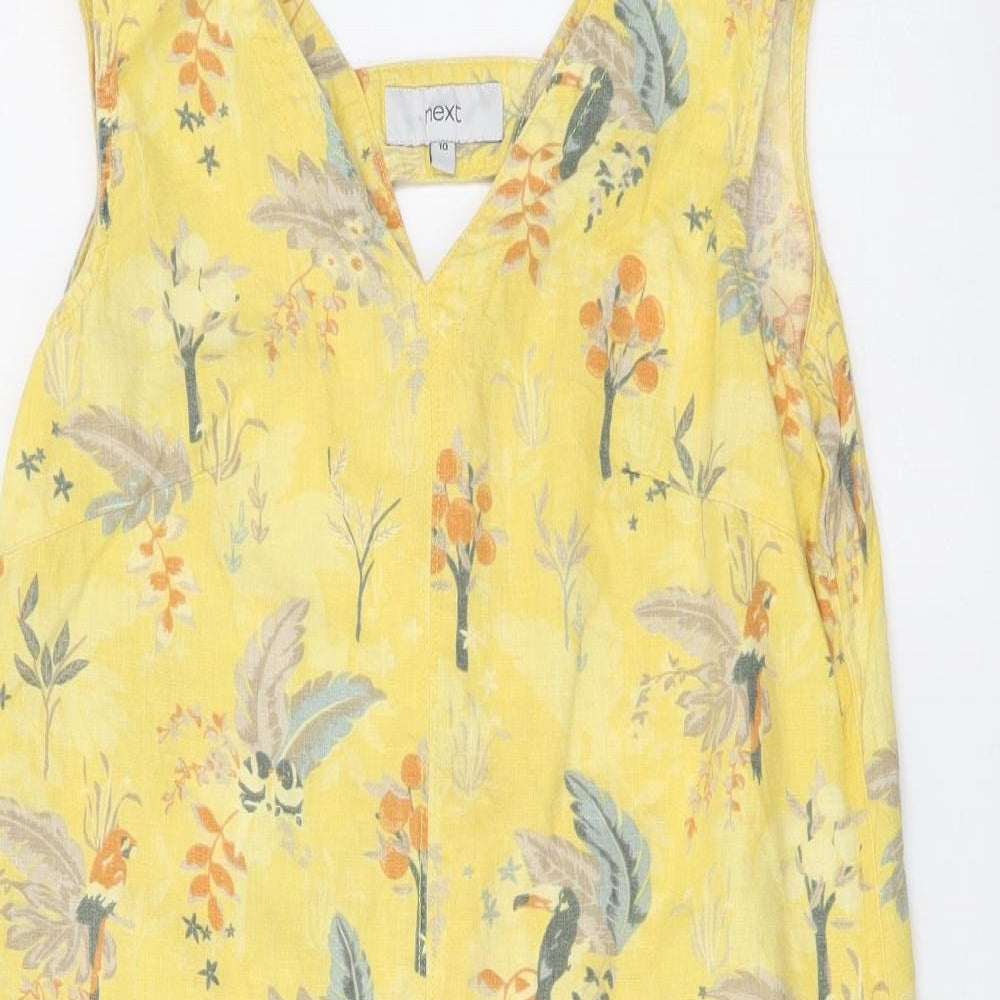 NEXT Womens Yellow Geometric Linen A-Line Size 10 V-Neck Pullover