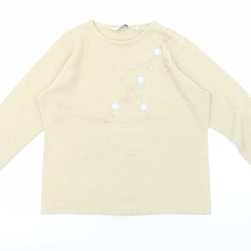 EWM Womens Beige Round Neck Acrylic Pullover Jumper Size M - Floral