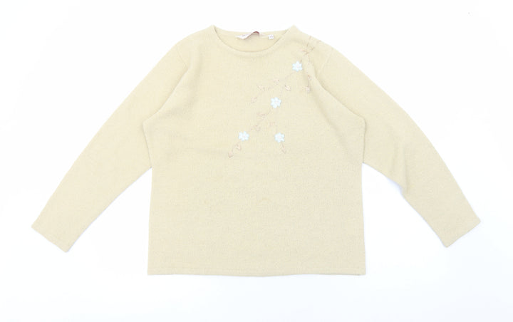 EWM Womens Beige Round Neck Acrylic Pullover Jumper Size M - Floral