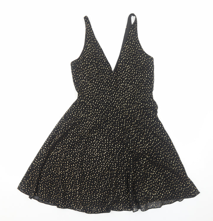 Miss Selfridge Womens Black Geometric Polyester Fit & Flare Size 8 V-Neck Zip