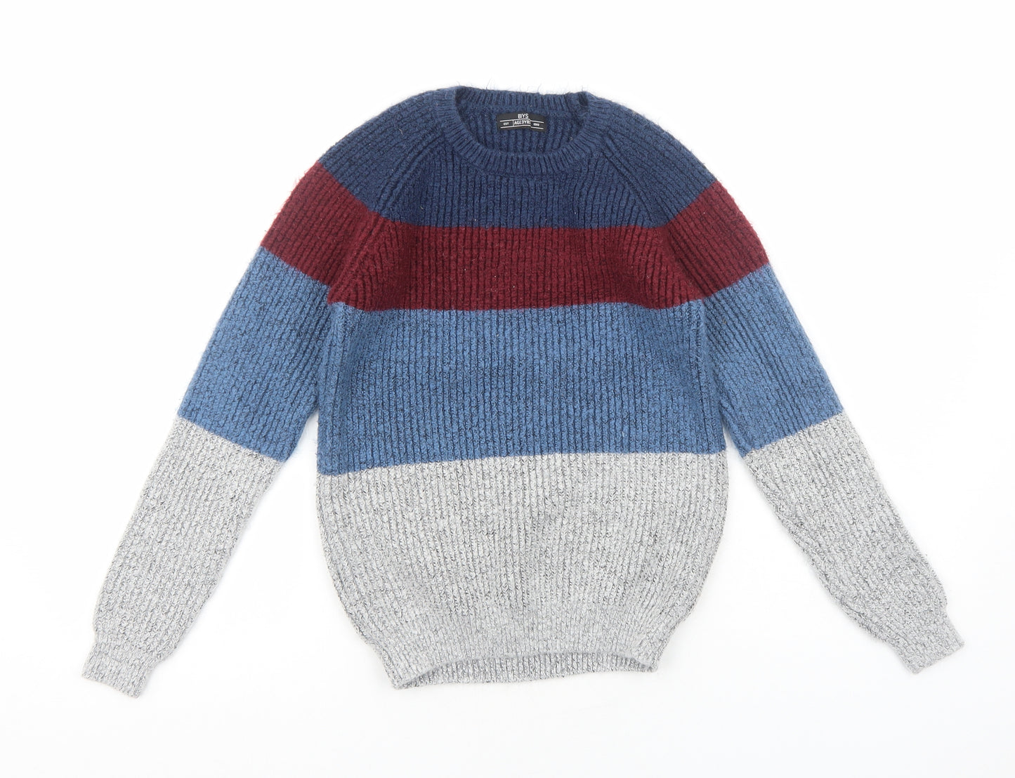 Matalan Boys Blue Round Neck Colourblock Acrylic Pullover Jumper Size 13 Years Pullover
