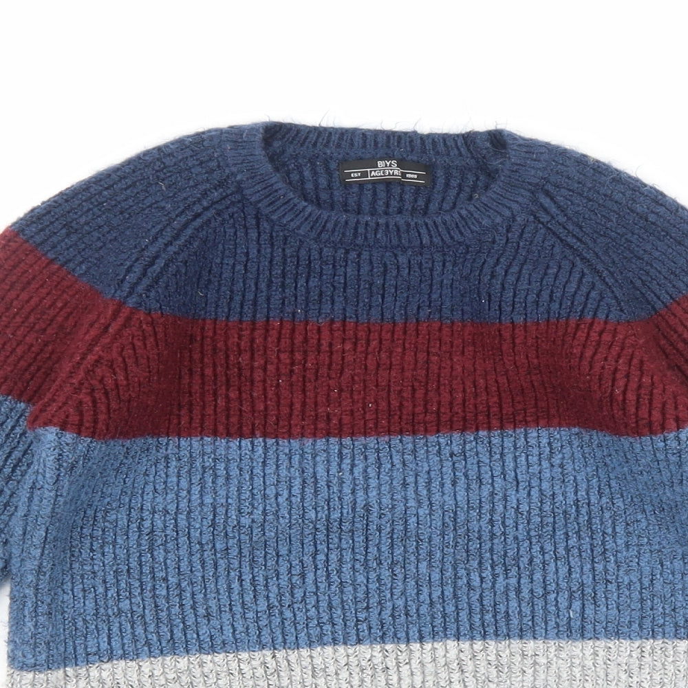 Matalan Boys Blue Round Neck Colourblock Acrylic Pullover Jumper Size 13 Years Pullover