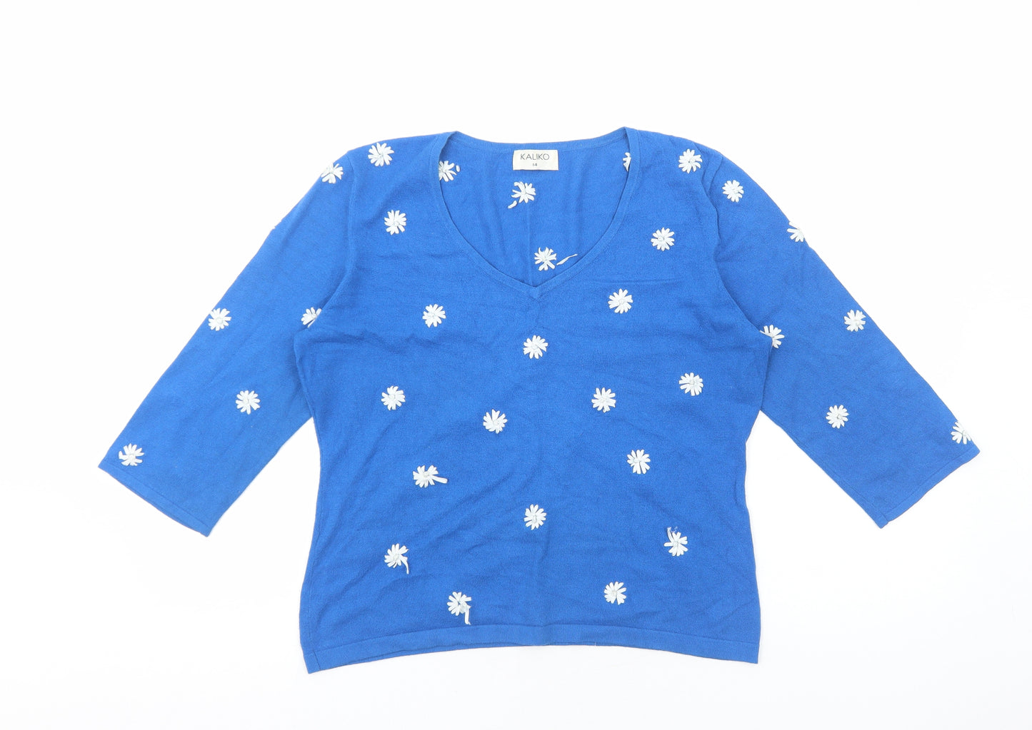 Kaliko Womens Blue Floral Viscose Basic T-Shirt Size 14 V-Neck - Daisy Flower Detail
