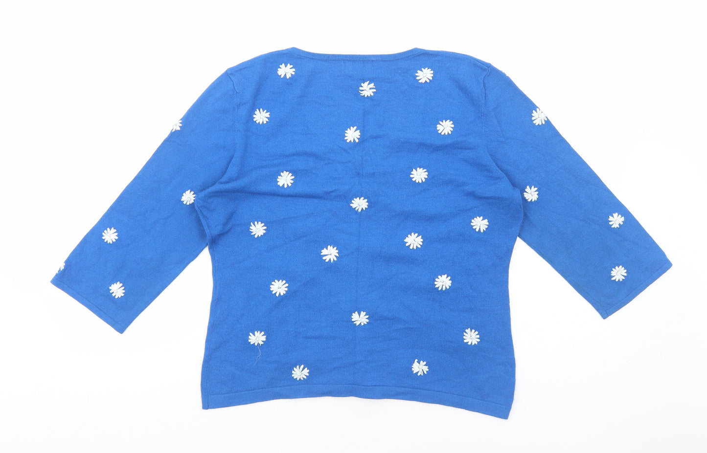 Kaliko Womens Blue Floral Viscose Basic T-Shirt Size 14 V-Neck - Daisy Flower Detail