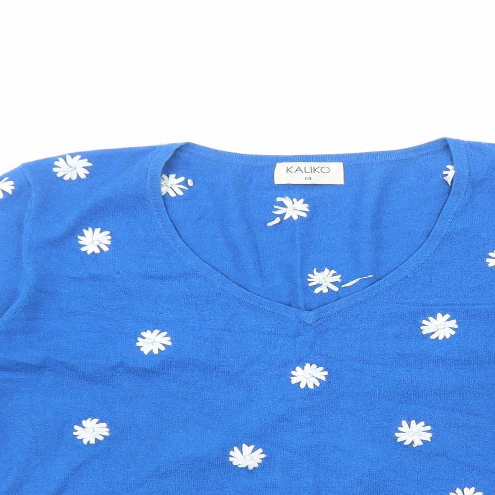 Kaliko Womens Blue Floral Viscose Basic T-Shirt Size 14 V-Neck - Daisy Flower Detail