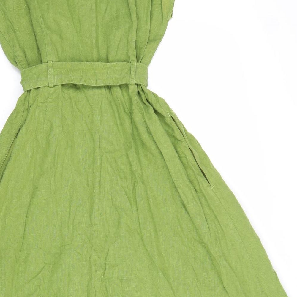 Seasalt Womens Green Linen Fit & Flare Size 12 V-Neck Button
