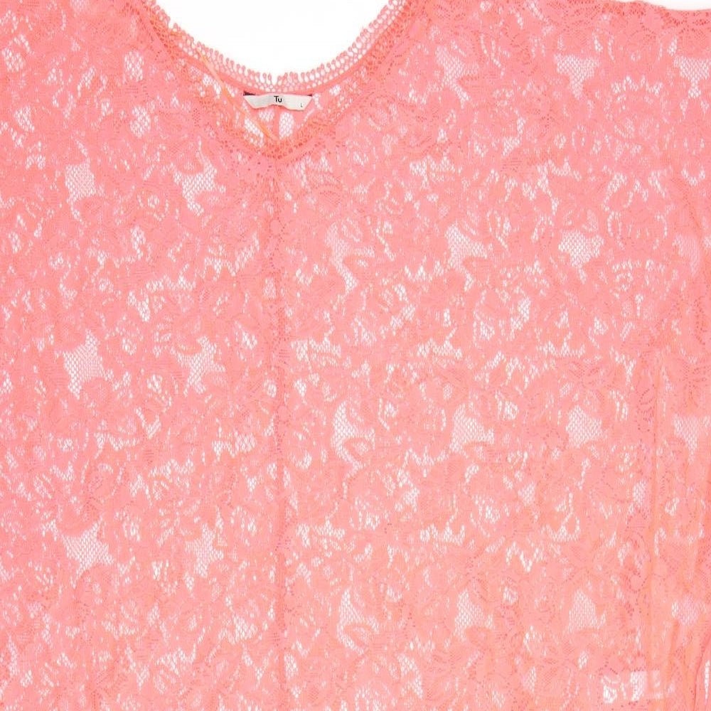 TU Womens Pink Geometric Polyester Kimono Blouse Size L Round Neck