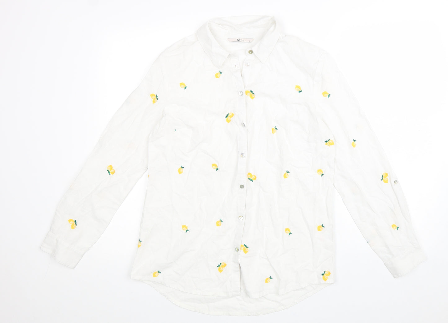 TU Womens White Geometric Linen Basic Button-Up Size 8 V-Neck - Lemon Print