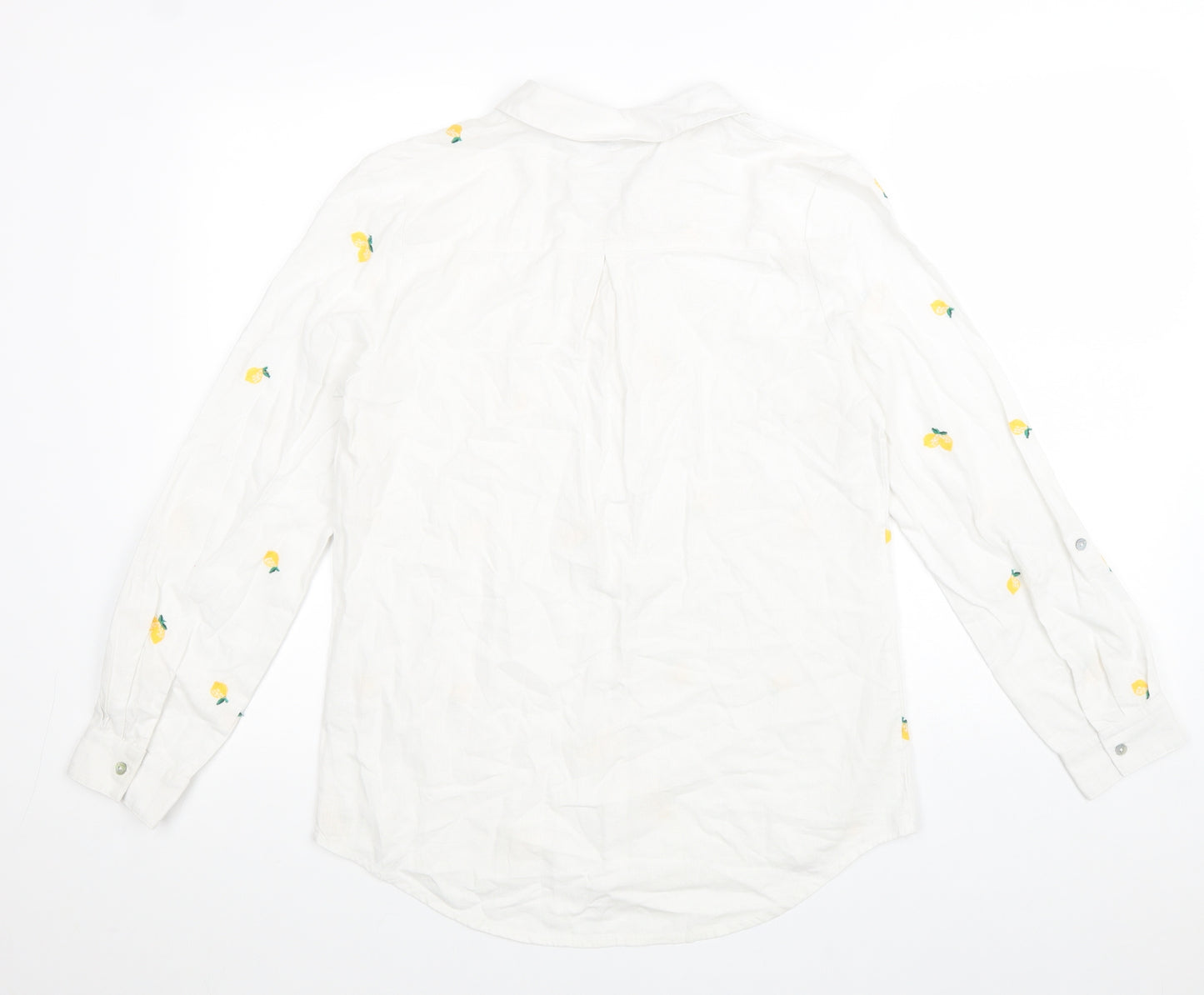 TU Womens White Geometric Linen Basic Button-Up Size 8 V-Neck - Lemon Print