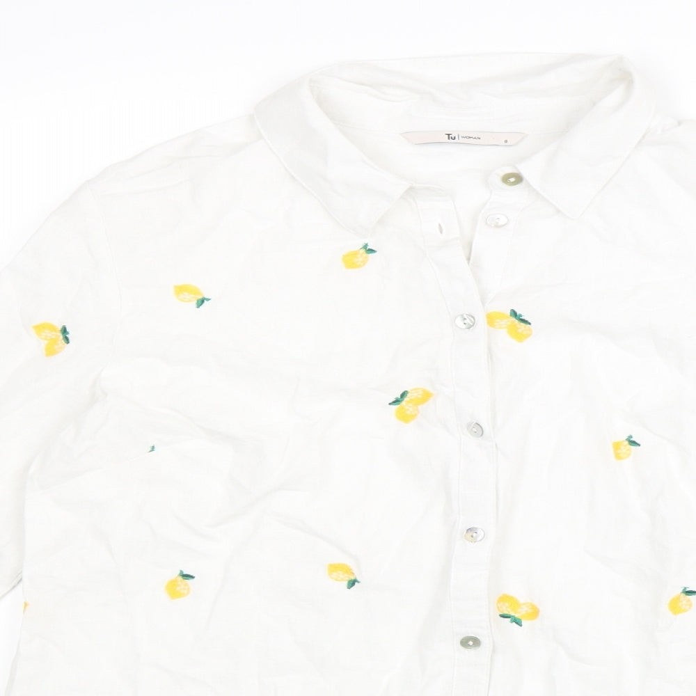 TU Womens White Geometric Linen Basic Button-Up Size 8 V-Neck - Lemon Print