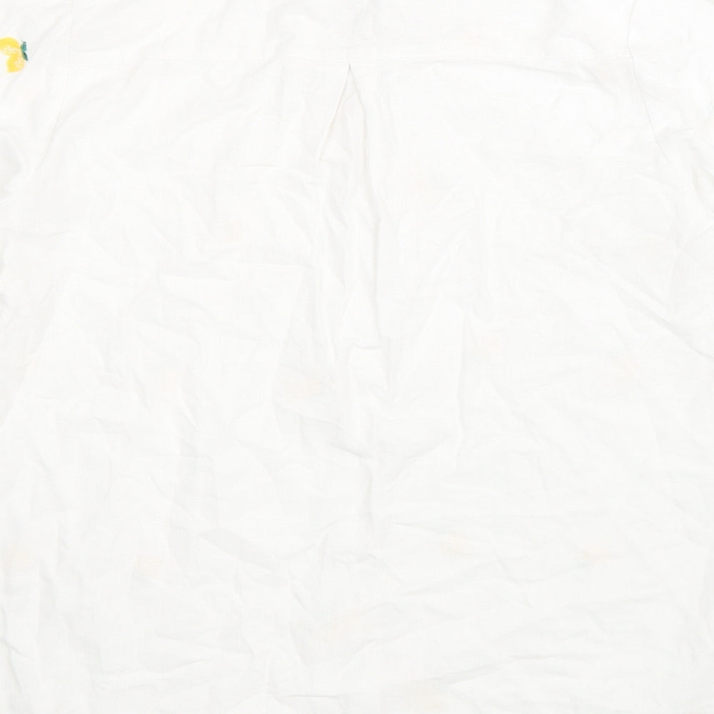 TU Womens White Geometric Linen Basic Button-Up Size 8 V-Neck - Lemon Print