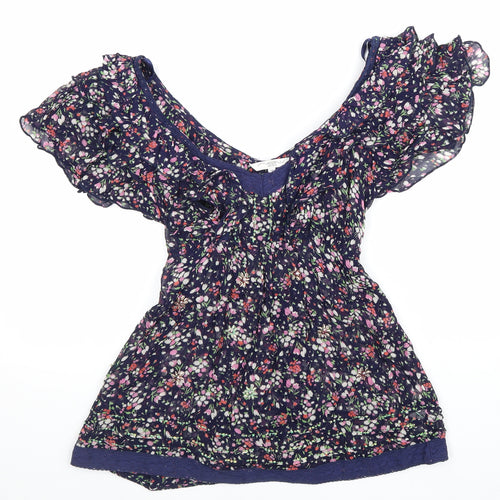 New Look Womens Blue Geometric Viscose Basic Blouse Size 10 Off the Shoulder