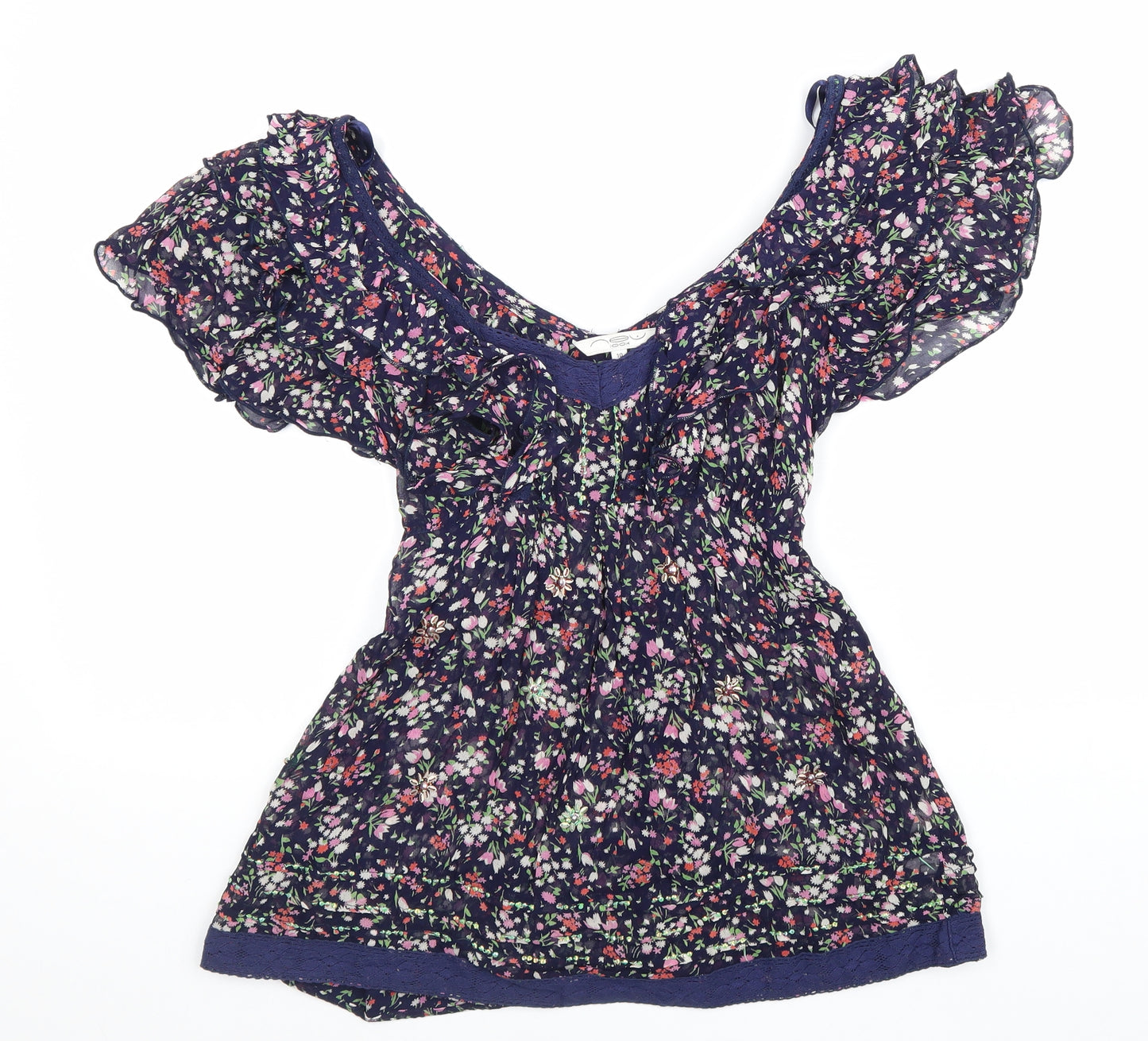 New Look Womens Blue Geometric Viscose Basic Blouse Size 10 Off the Shoulder