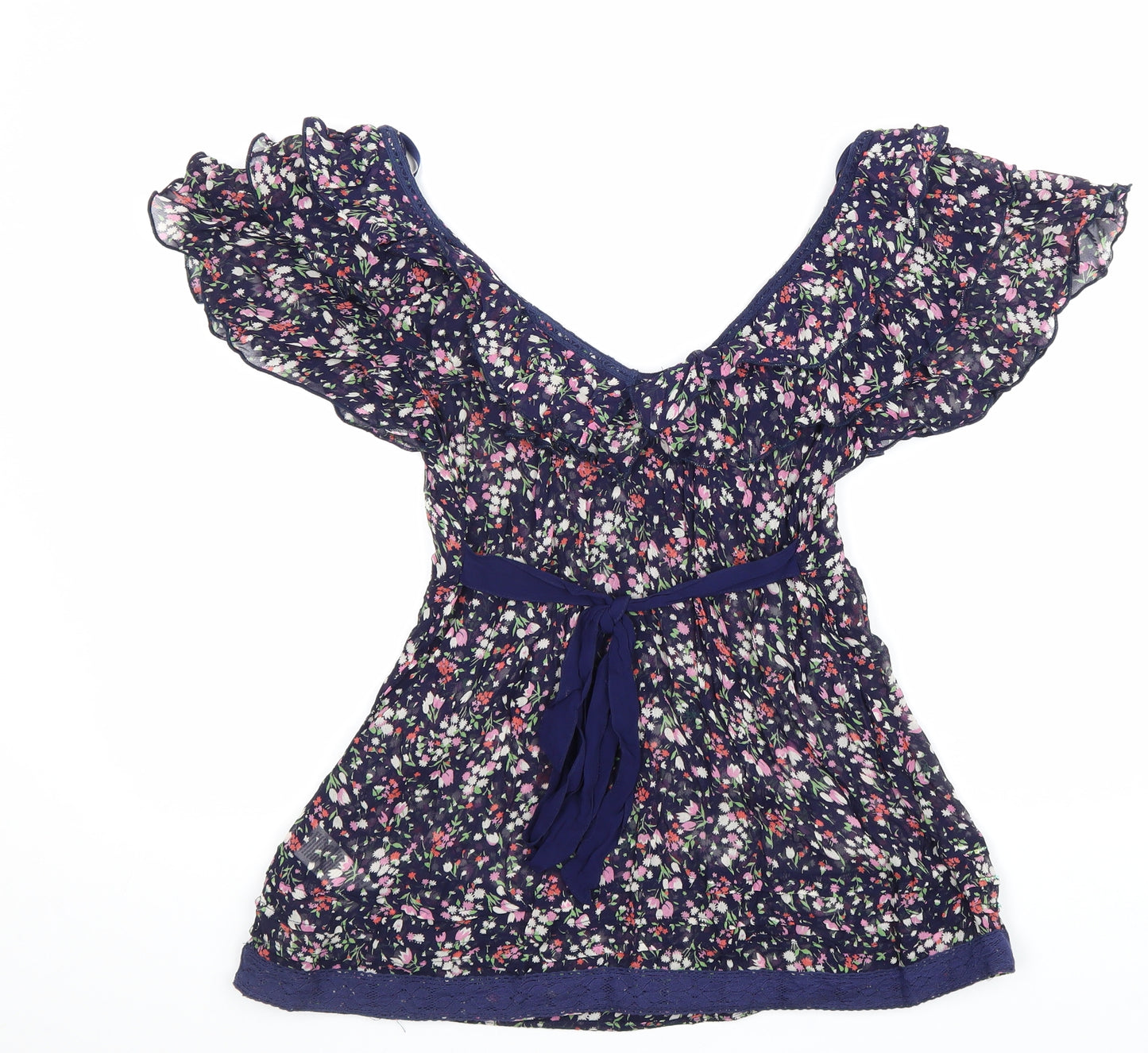 New Look Womens Blue Geometric Viscose Basic Blouse Size 10 Off the Shoulder