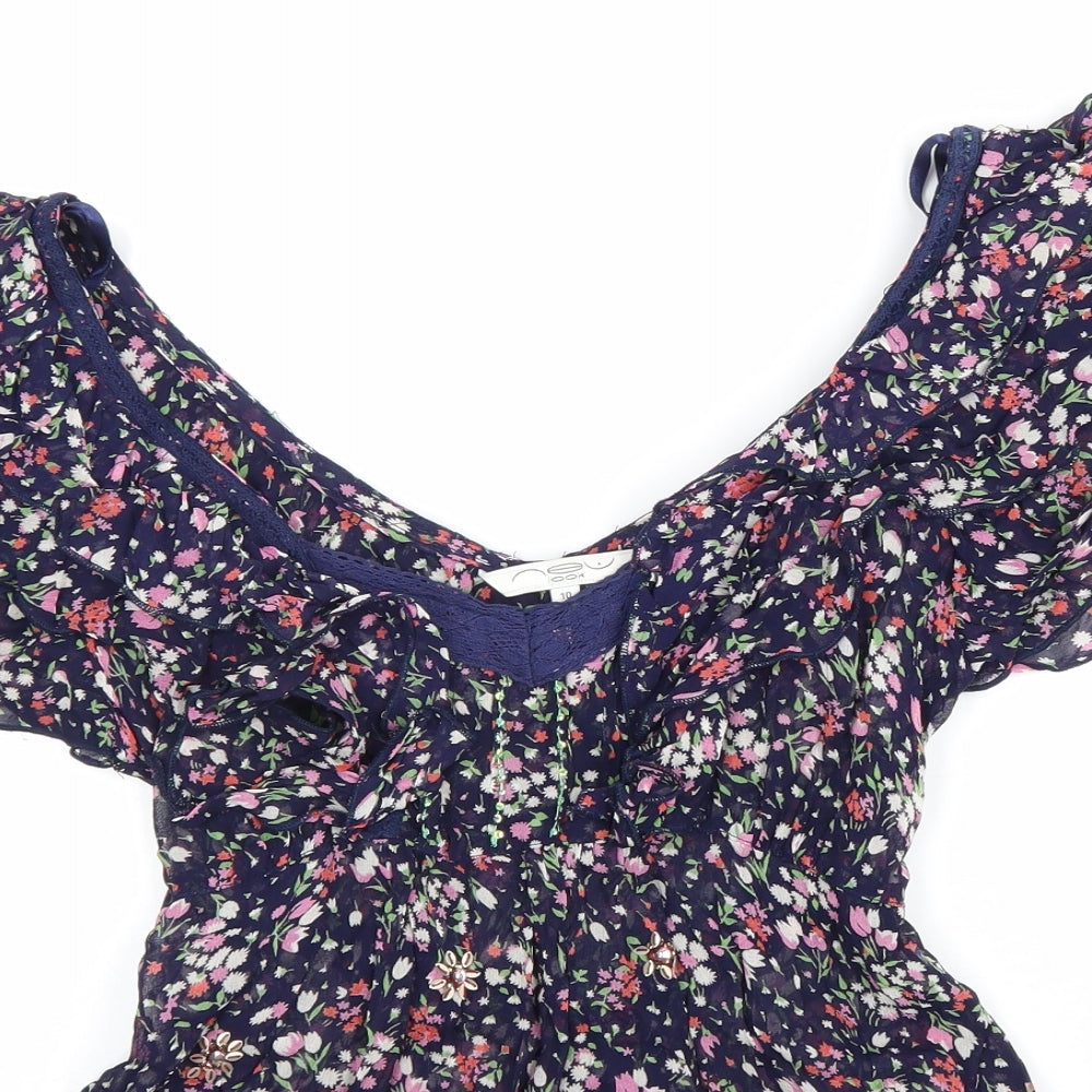 New Look Womens Blue Geometric Viscose Basic Blouse Size 10 Off the Shoulder