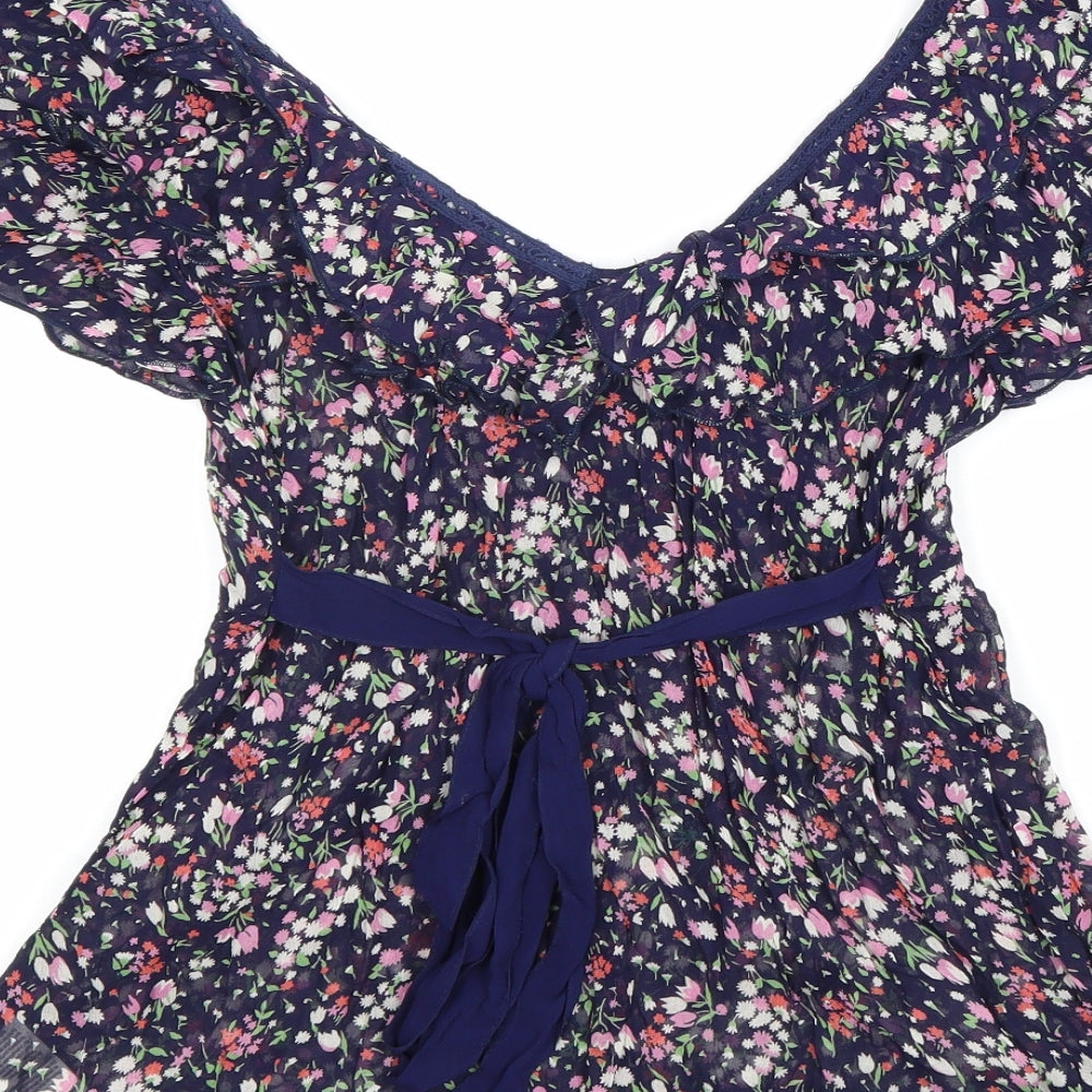 New Look Womens Blue Geometric Viscose Basic Blouse Size 10 Off the Shoulder