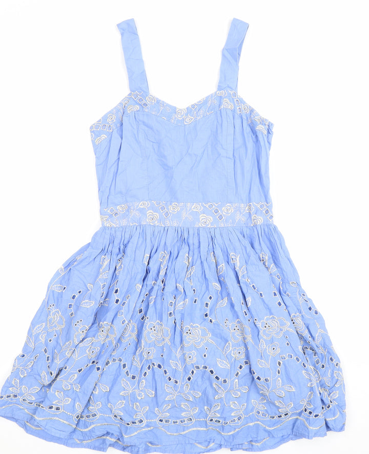 Yumi Womens Blue Floral 100% Cotton Fit & Flare Size S Sweetheart Zip - Broderie Anglaise