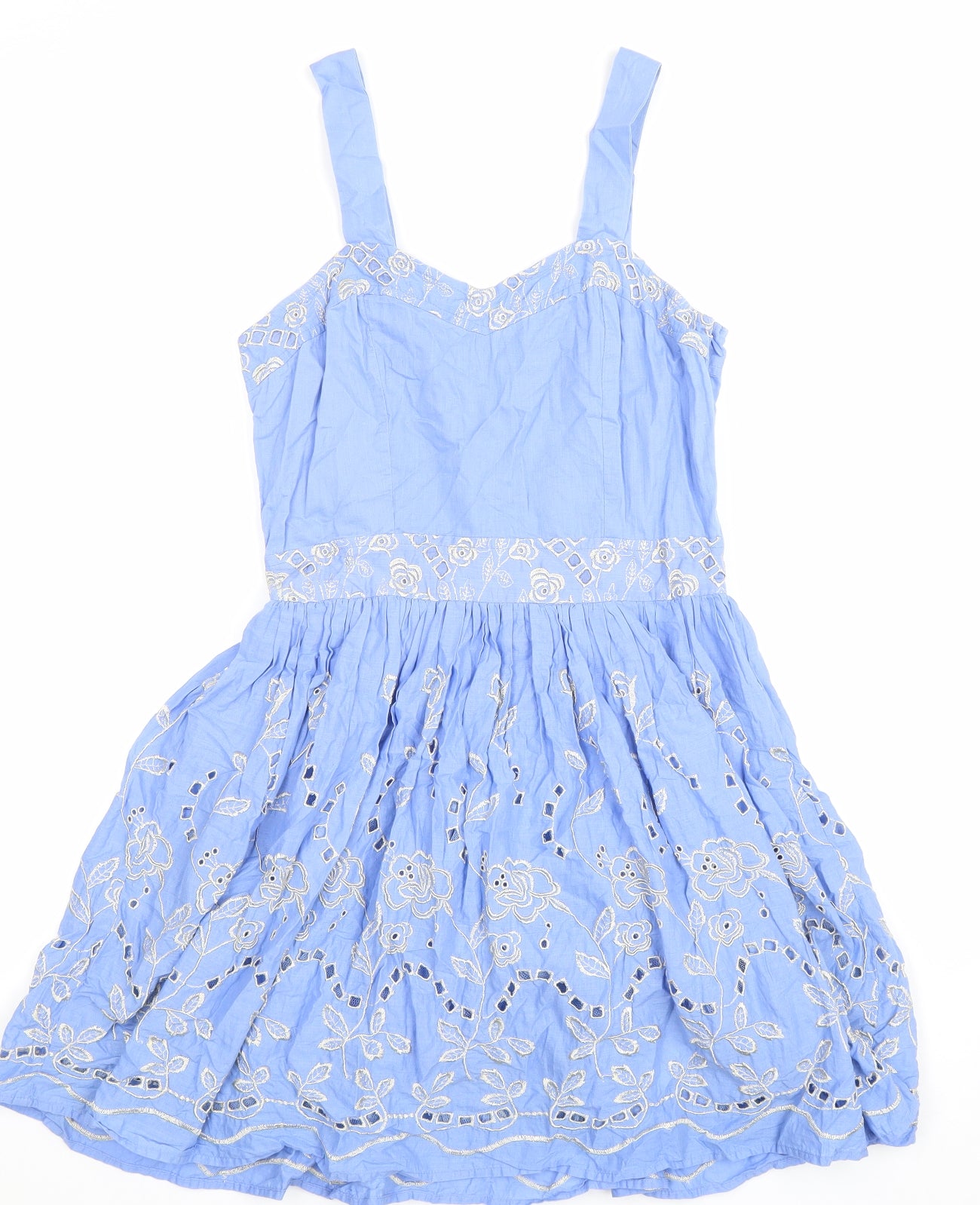 Yumi Womens Blue Floral 100% Cotton Fit & Flare Size S Sweetheart Zip - Broderie Anglaise