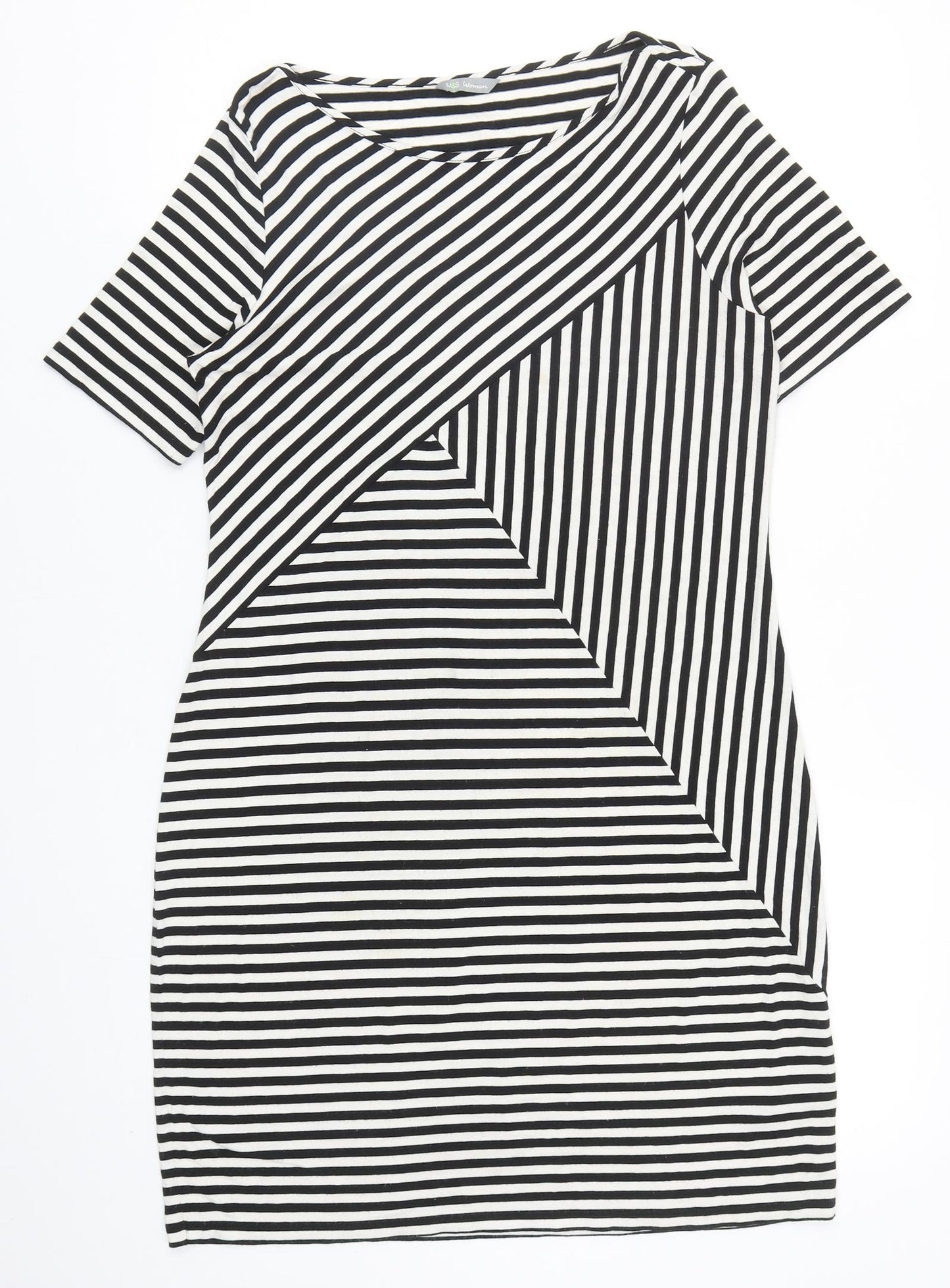 Marks and Spencer Womens Black Striped Viscose A-Line Size 12 Round Neck Pullover