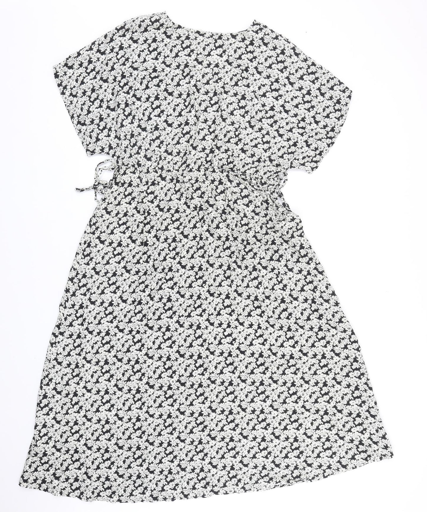 Marks and Spencer Womens Black Floral Viscose Fit & Flare Size 14 V-Neck Pullover
