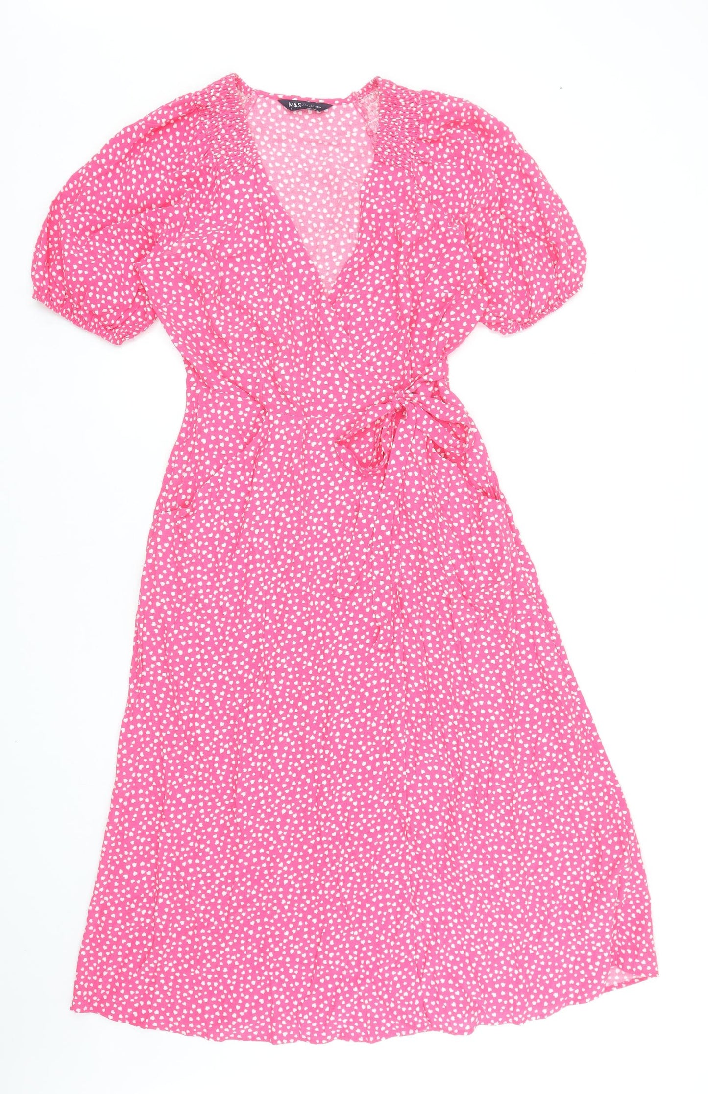 Marks and Spencer Womens Pink Geometric Viscose Fit & Flare Size 8 V-Neck Tie
