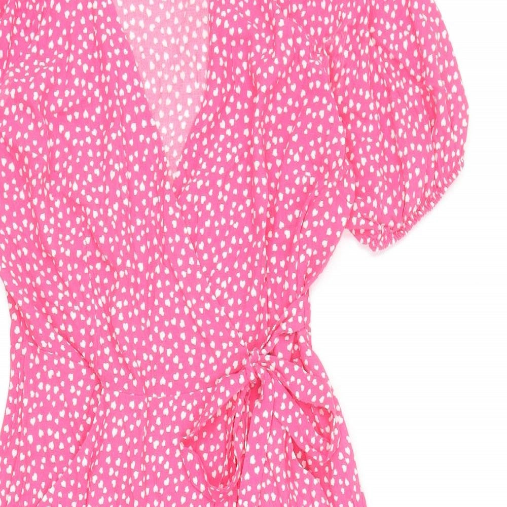 Marks and Spencer Womens Pink Geometric Viscose Fit & Flare Size 8 V-Neck Tie