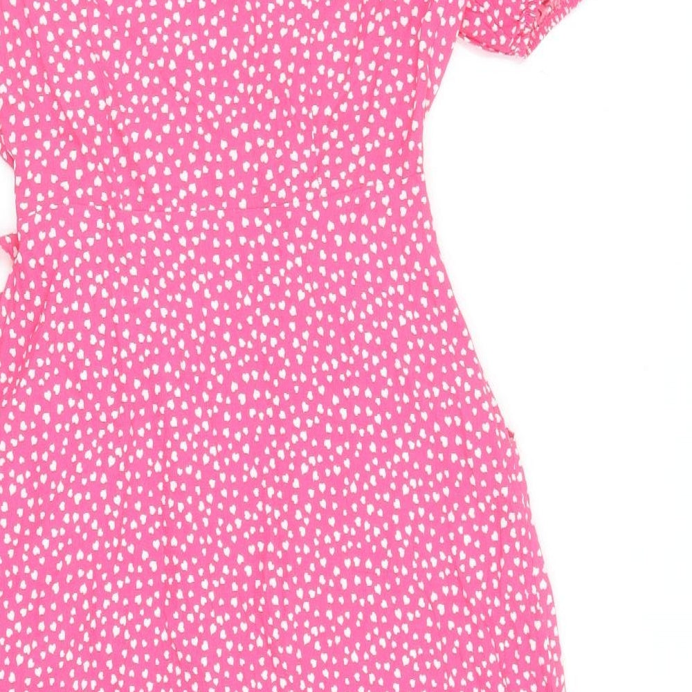 Marks and Spencer Womens Pink Geometric Viscose Fit & Flare Size 8 V-Neck Tie