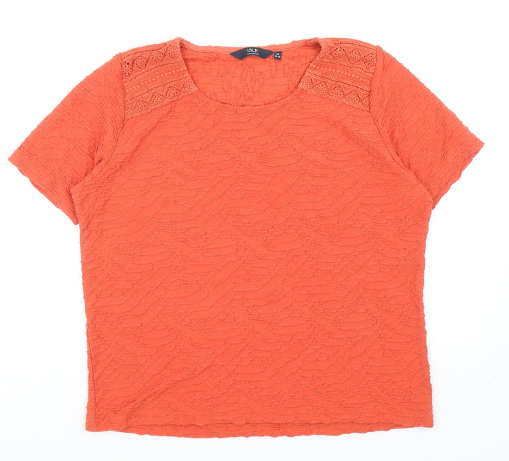 EWM Womens Orange Geometric Polyester Basic T-Shirt Size M Round Neck - Lace Detail