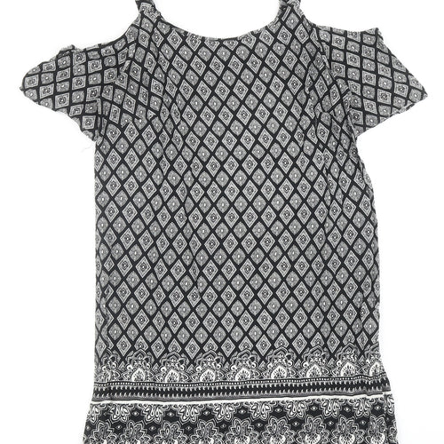 Papaya Womens Black Geometric Polyester A-Line Size 8 Scoop Neck Pullover - Cold Shoulder