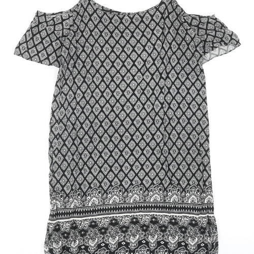 Papaya Womens Black Geometric Polyester A-Line Size 8 Scoop Neck Pullover - Cold Shoulder